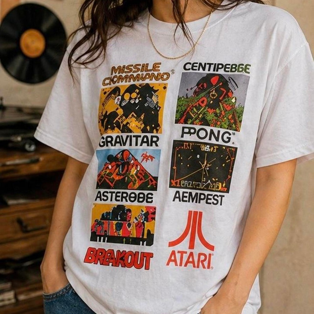 Atari Graphic T-Shirt Retro Games Pong Asteroids Breakout Size M